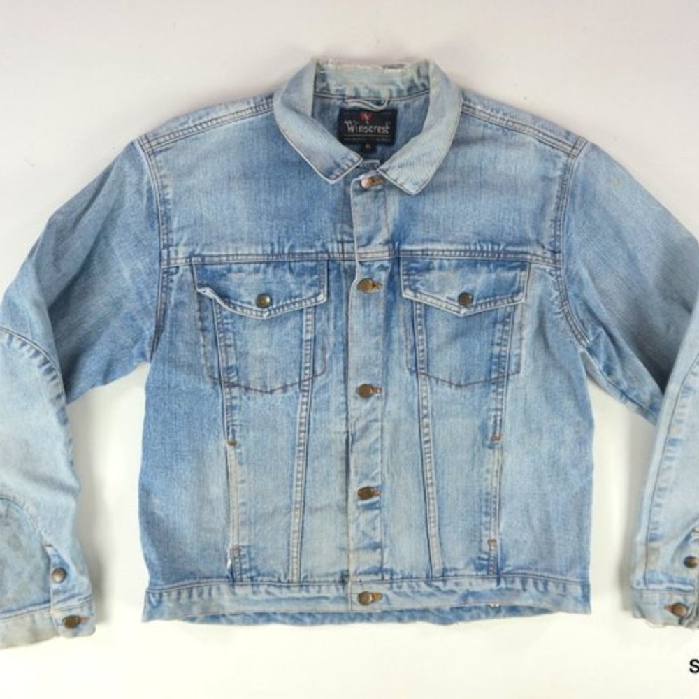 Vintage Windcrest Denim Jacket Tab Button Up Light Wash Pockets XL